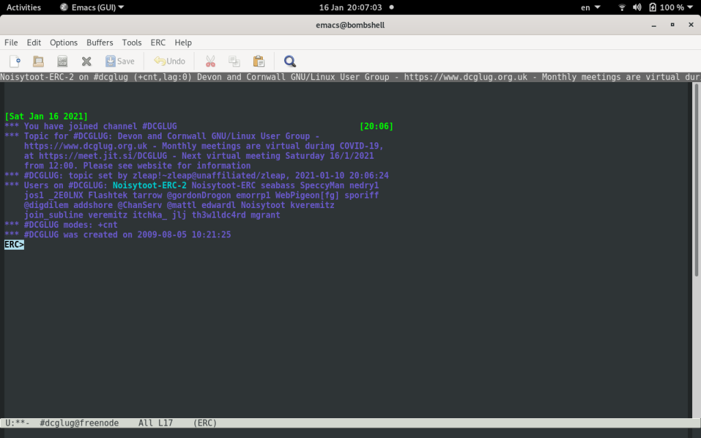 Screenshot of ERC after joining #DCGLUG