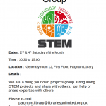 Dates : 2nd & 4th Saturday of the Month Time : 10:30 to 15:00 Location : Generally room 12, First Floor, Paignton Library Details : We are a bring your own projects group. Bring along STEM projects and share with others, get help or share expertise with others. Please e-mail : paignton.library@librariesunlimited.org.uk for more details. https://personaljournal.ca/paigntonlibrarystemgroup/